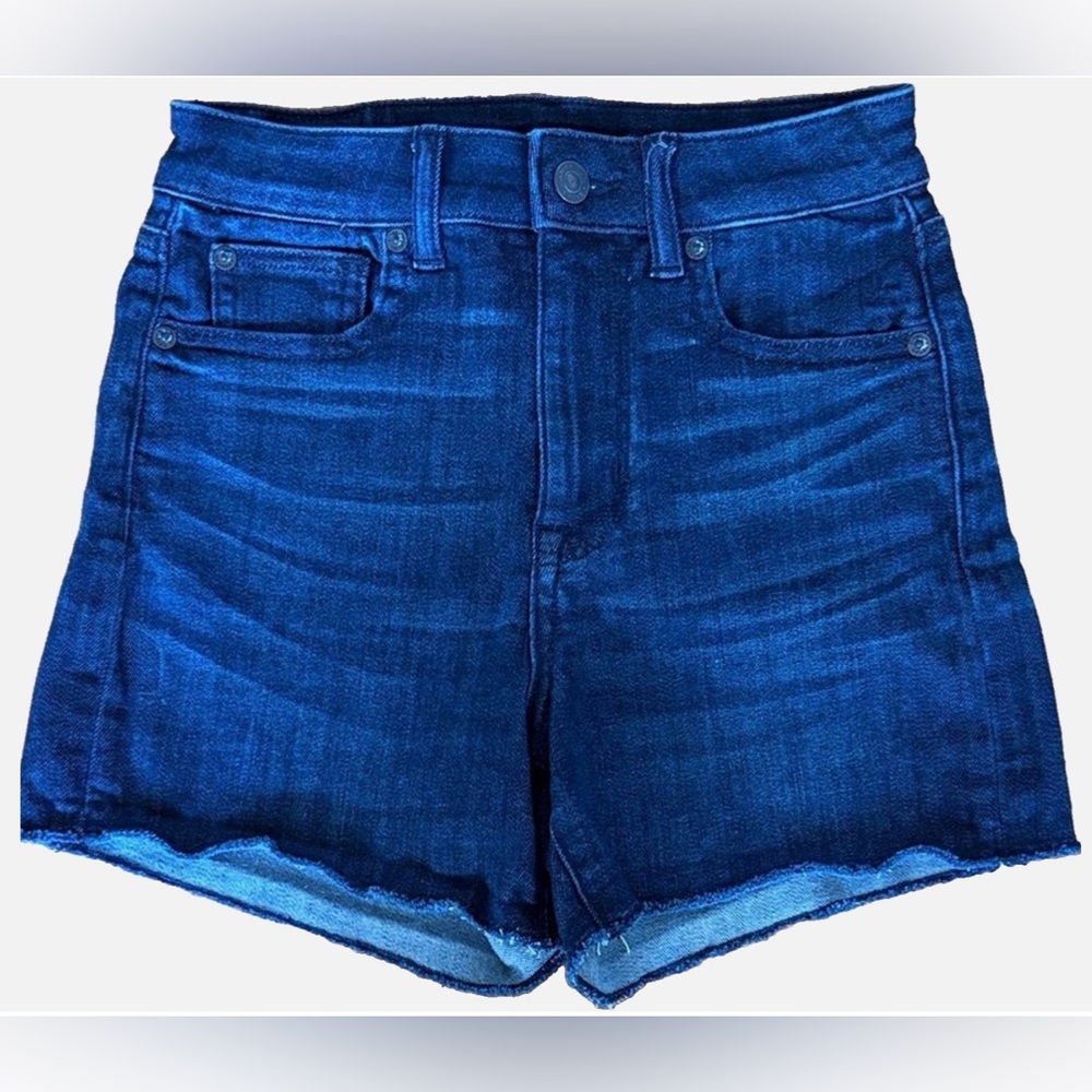 American Eagle Super Hi-Rise Shortie Denim Shorts 00 Dark Wash Raw Hem Stretch